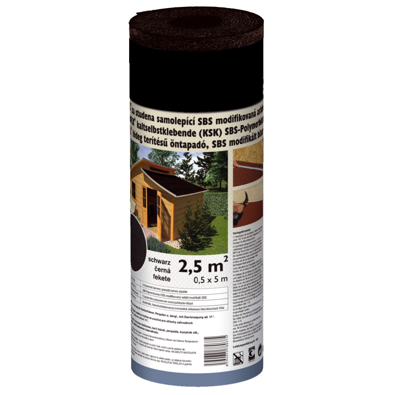 SBS-Polymerbitumen für Gartenhausbedachung selbstklebend 2,5 m² (Schwarz)