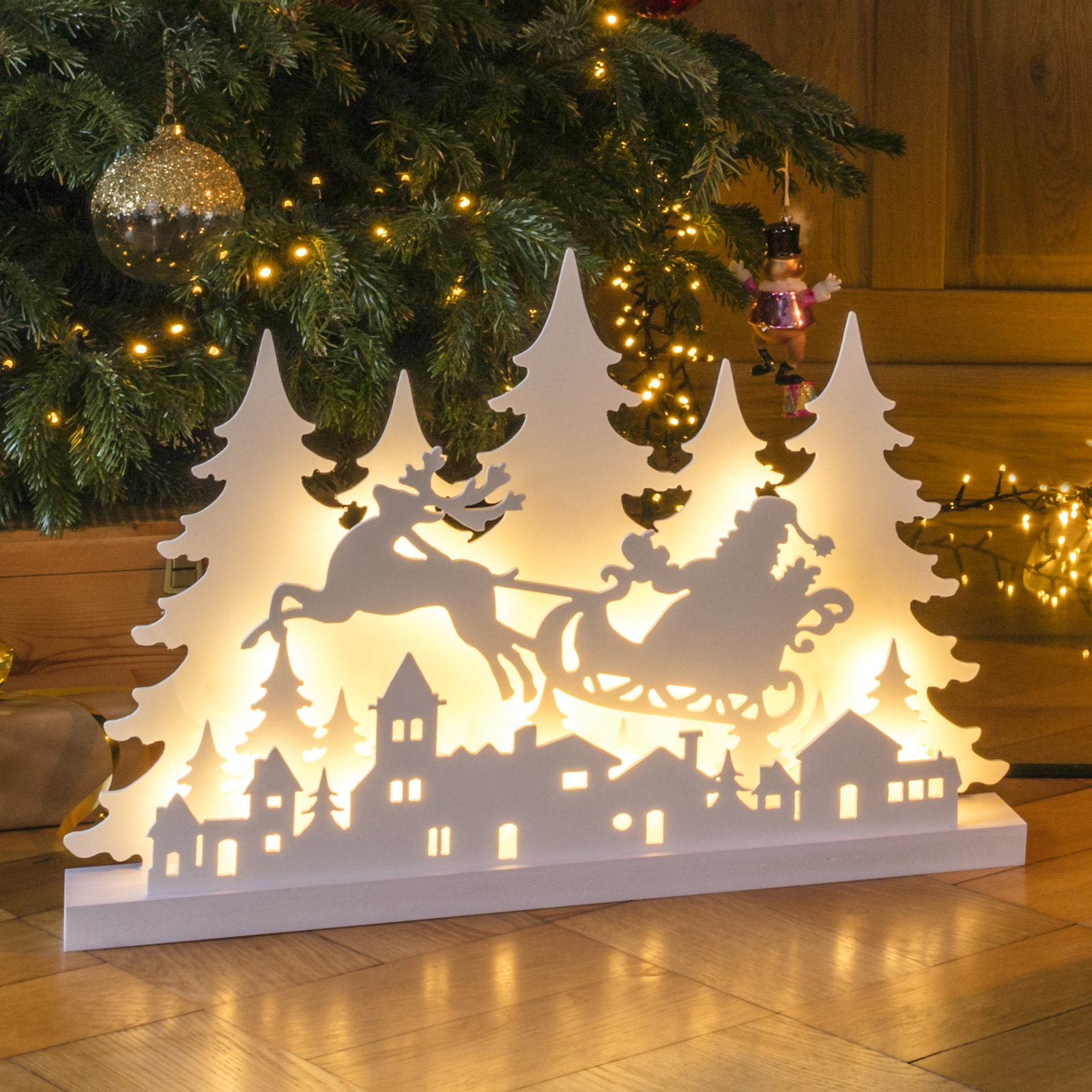 Holzsilhouette Weihnachtsschlitten mit Rentier Weihnachsmann 40 LED