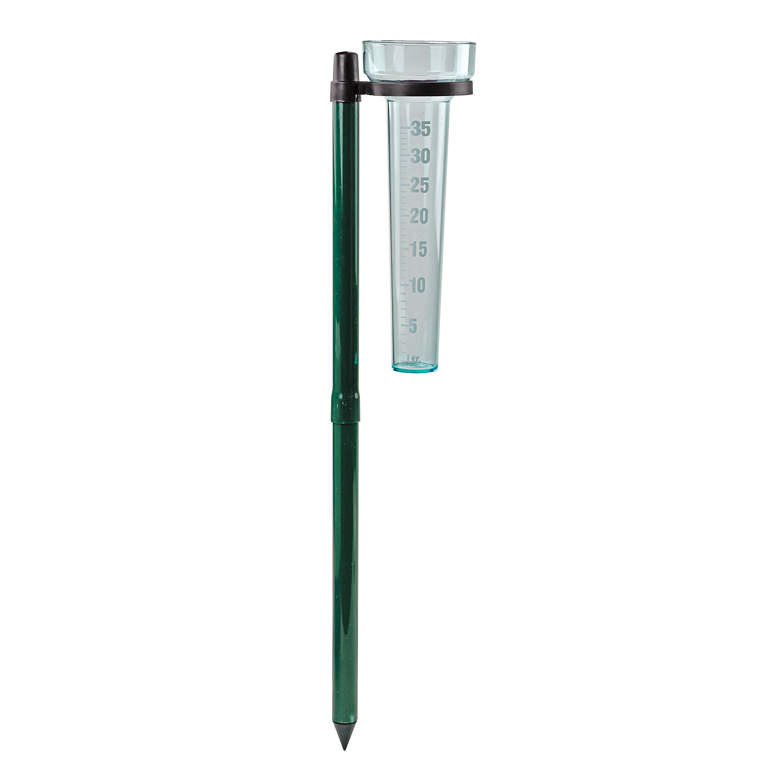 Niederschlagmesser / Regenmesser, mit grünem Erdspieß, Messbereich 35 Liter